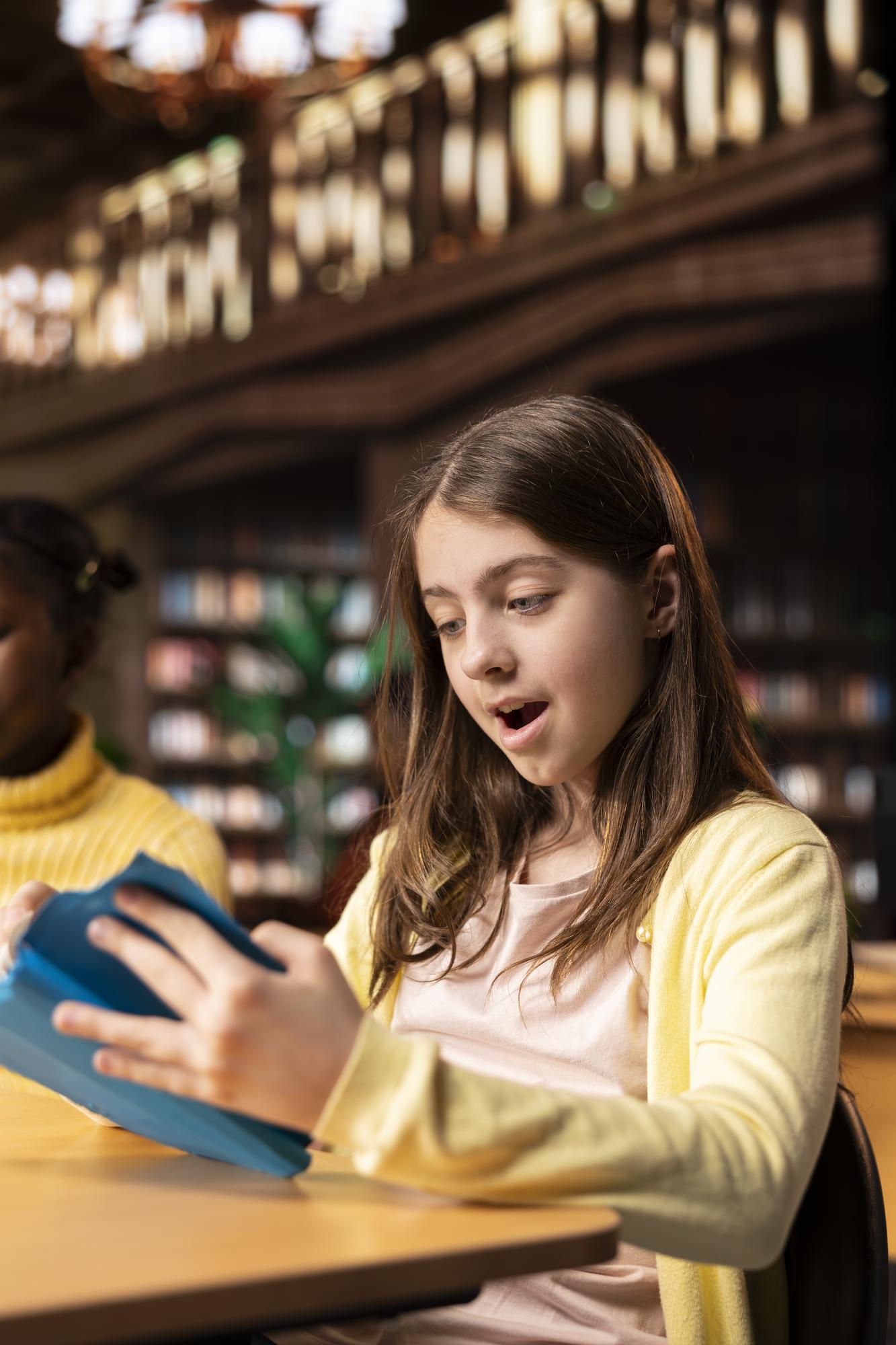 Grupo de quatro pessoas reunidas em uma mesa de biblioteca, consultando tablets e cadernos diante de estantes de livros.